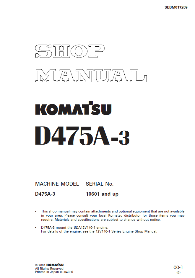 Komatsu D475A-3 Dozer Shop Manual SEBM017209 PDF