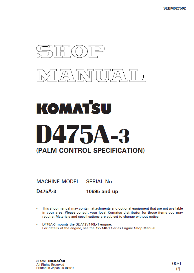 Komatsu D475A-3 Engine Shop Manual SEBM027502 PDF Download