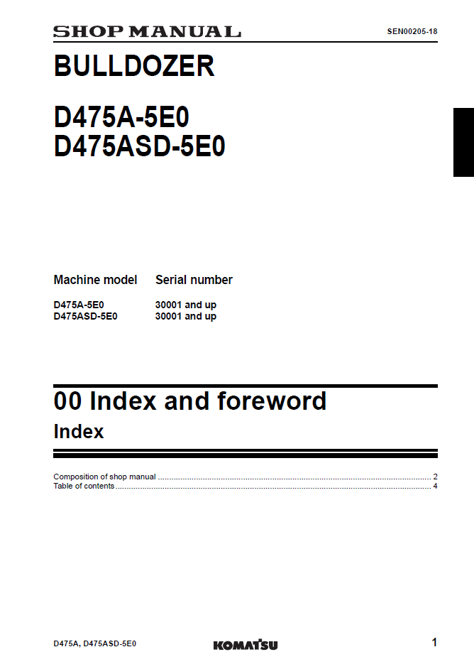 Komatsu D475A-5EO D475ASD-5EO Bulldozer Manual SEN00203-18