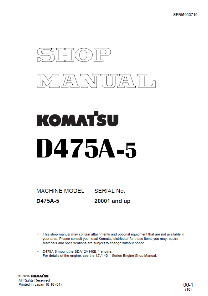 Komatsu D475A-5 Engine Manual SEBM033710 PDF