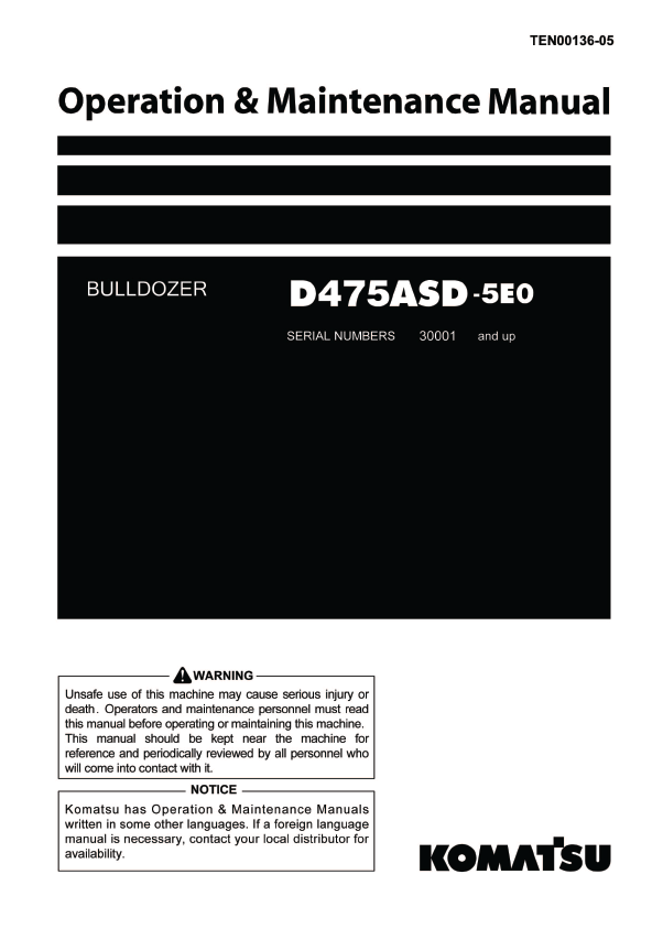 Komatsu D475ASD-5E0 Bulldozer Operation & Maintenance Manual PDF
