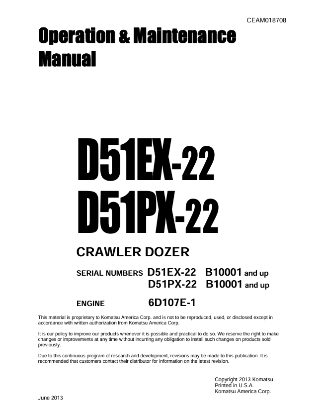 Komatsu D51EX-22 D51PX-22 Crawler Dozer Operation & Maintenance Manual PDF