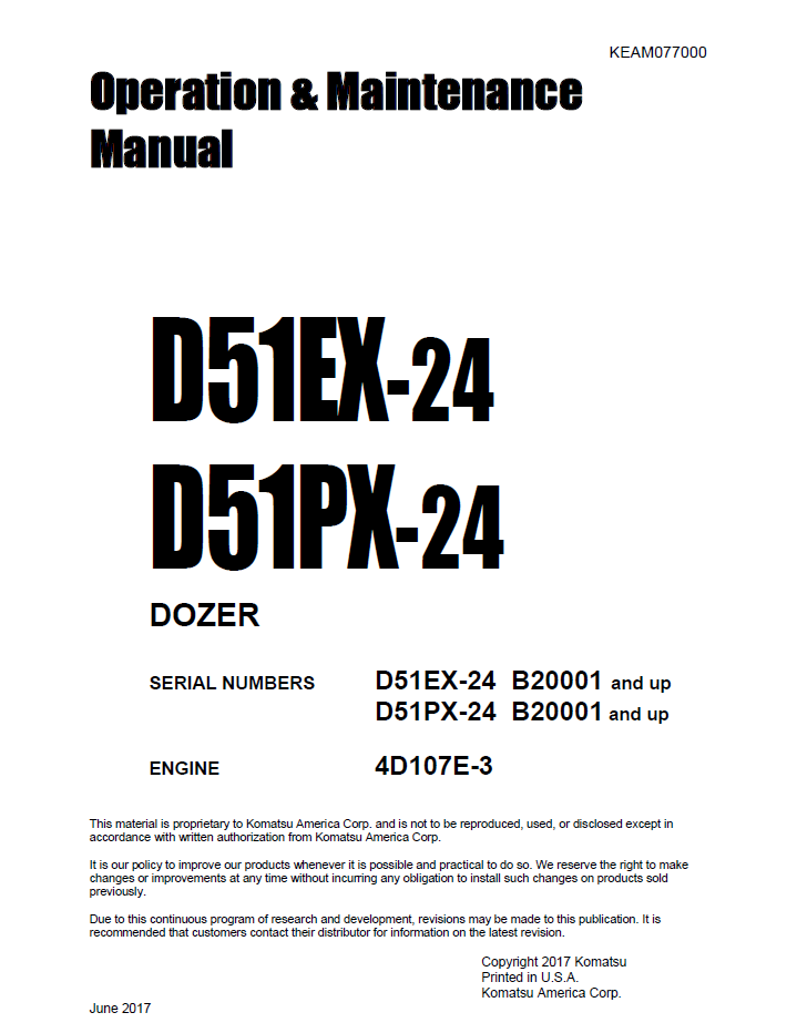 Komatsu D51EX-24 & D51PX-24 Crawler Dozer Operation and Maintenance Manual | KEBM661702 PDF