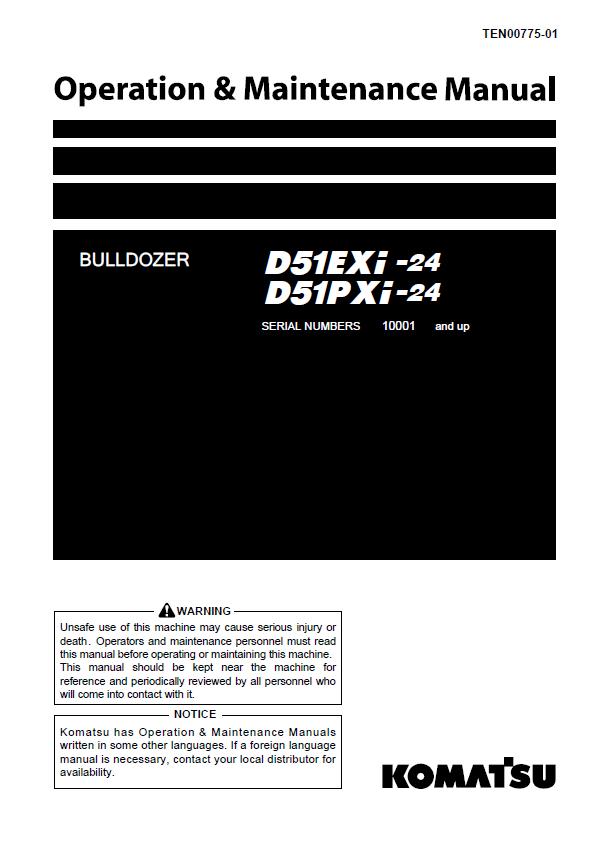 Komatsu D51EXI-24 D51PXI-24 Bulldozer O&M Manual (TEN00775-01) PDF
