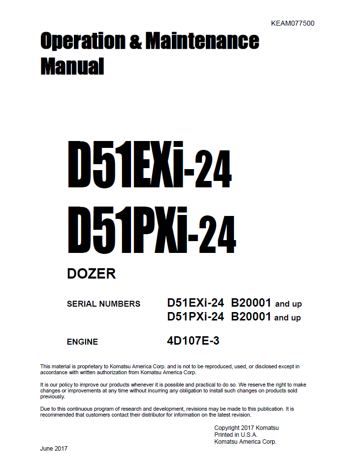 Komatsu D51EXi-24 & D51PXi-24 Crawler Dozer Operation and Maintenance Manual | KEAM077500 PDF
