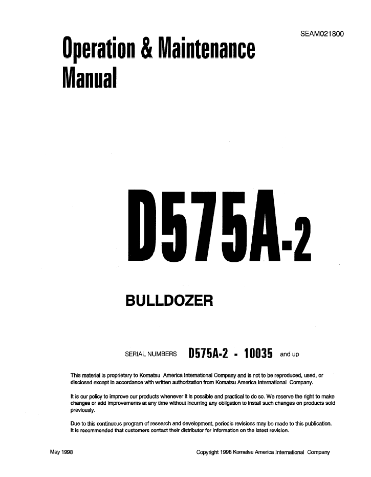Komatsu D575-2 Bulldozer Operation & Maintenance Manual SEAD021800 PDF