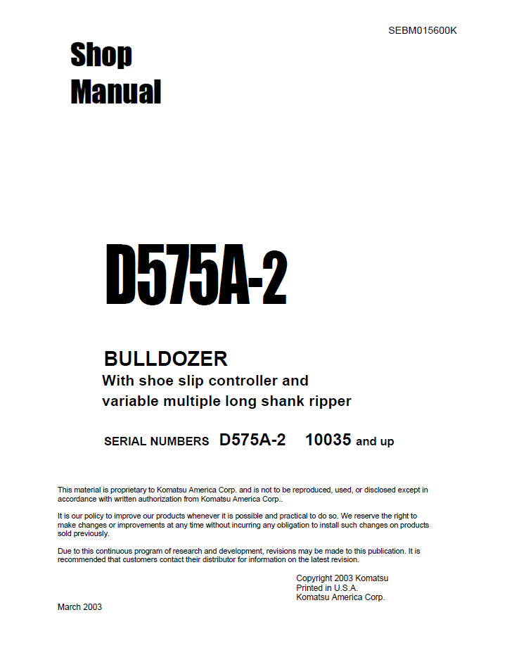 Komatsu D575A-2 Bulldozer Shop Service Manual (SEBD015600) - PDF Download