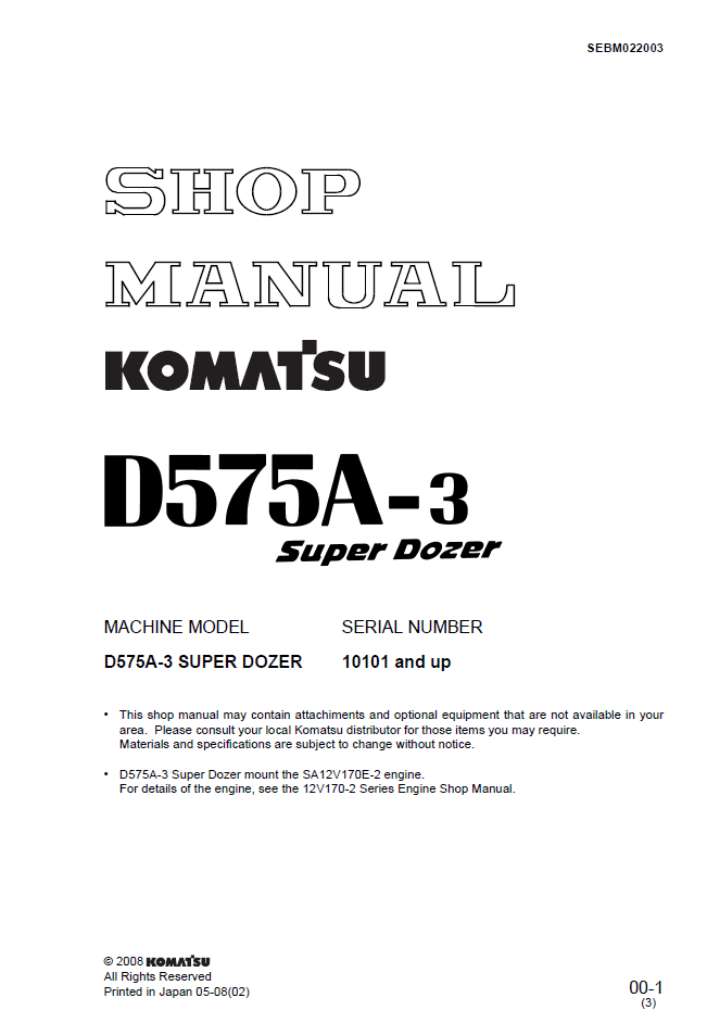 Komatsu D575A-3 Super Dozer Shop Manual SEBM022003 PDF