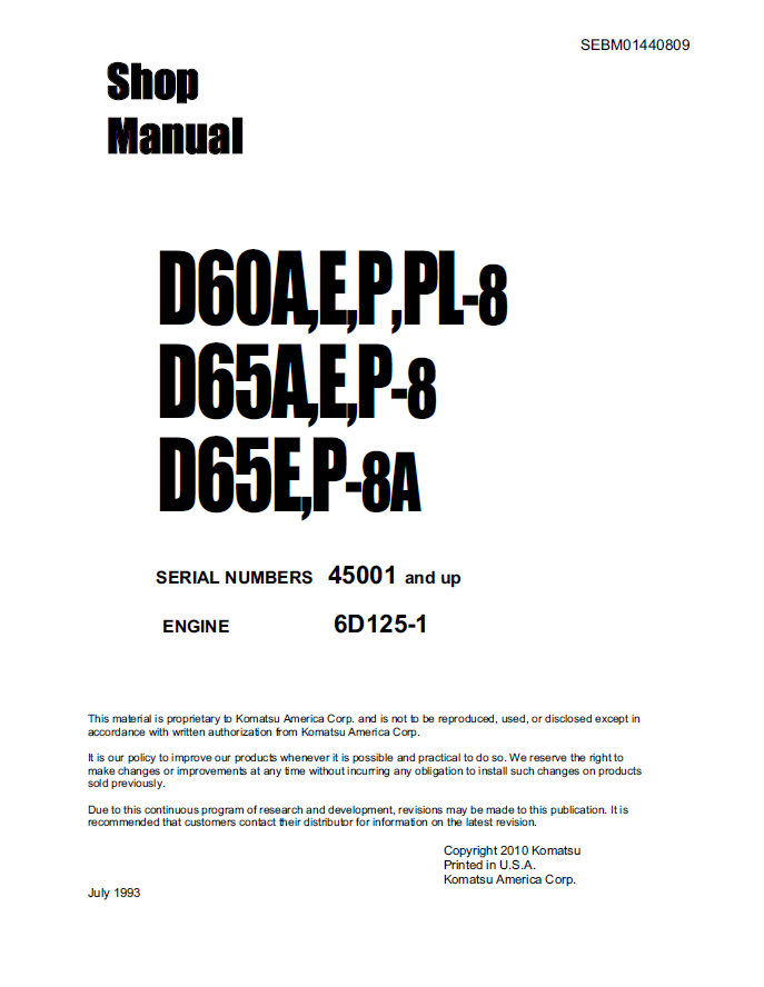 Komatsu D60 D65 Dozer Shop Manual SEBM01440809 PDF