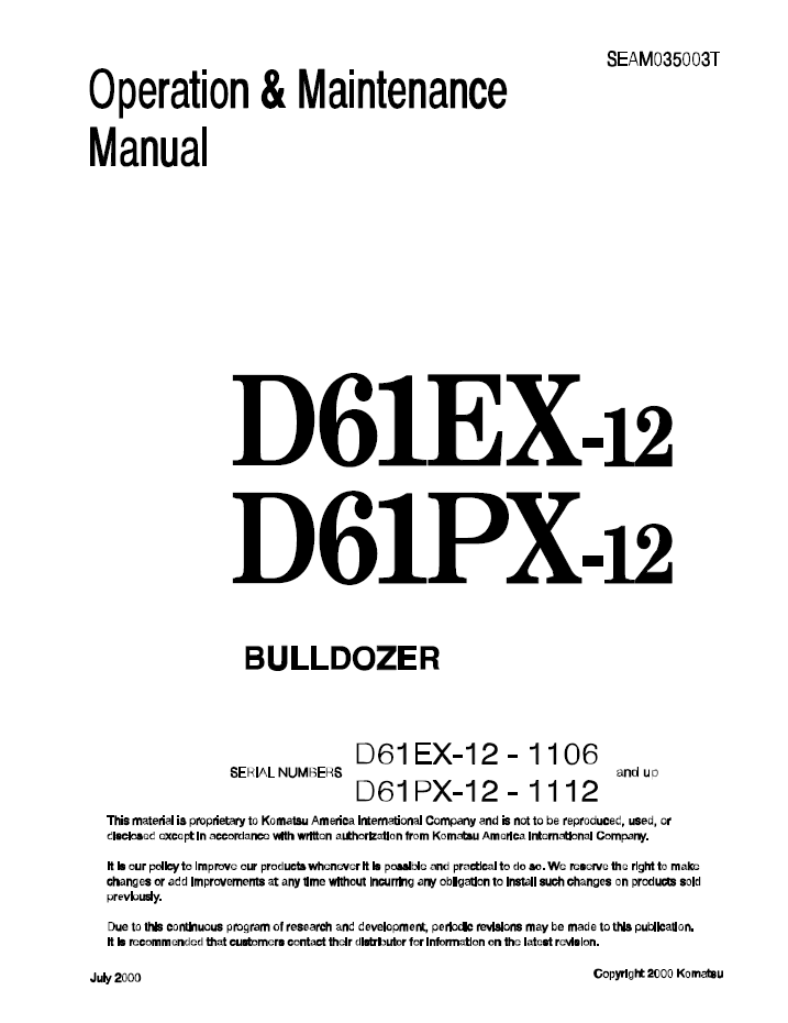 Komatsu D61EX-12 & D61PX-12 Bulldozer Operation & Maintenance Manual SEAD035003 PDF