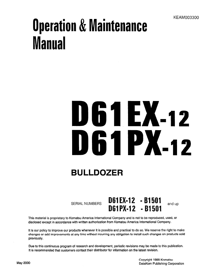 Komatsu D61EX-12 & D61PX-1 Bulldozer Operation & Maintenance Manual KEAD003300 PDF
