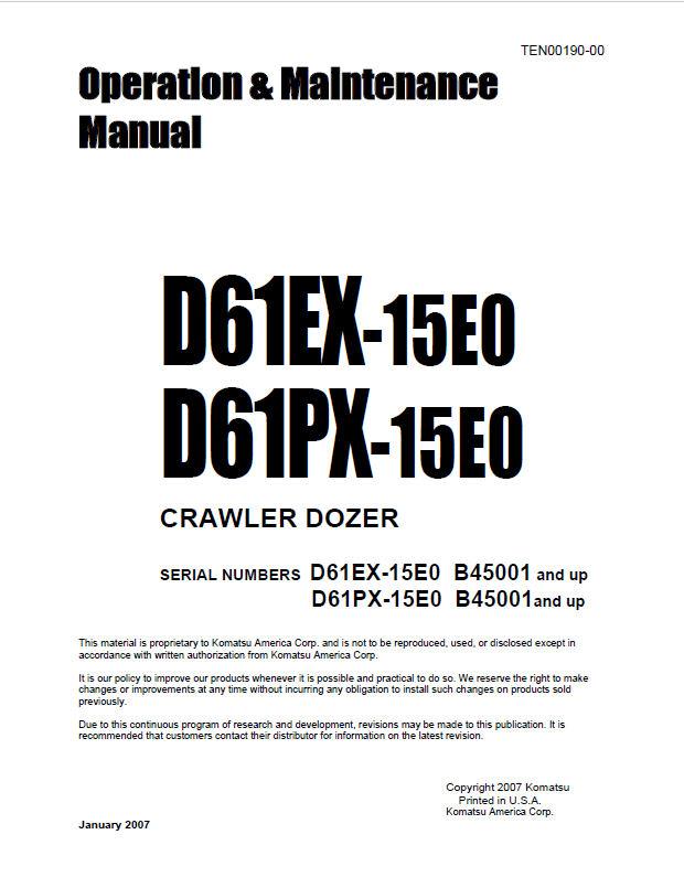 Komatsu D61EX-15E0, D61PX-15E0 Crawler Dozer Operation & Maintenance Manual PDF