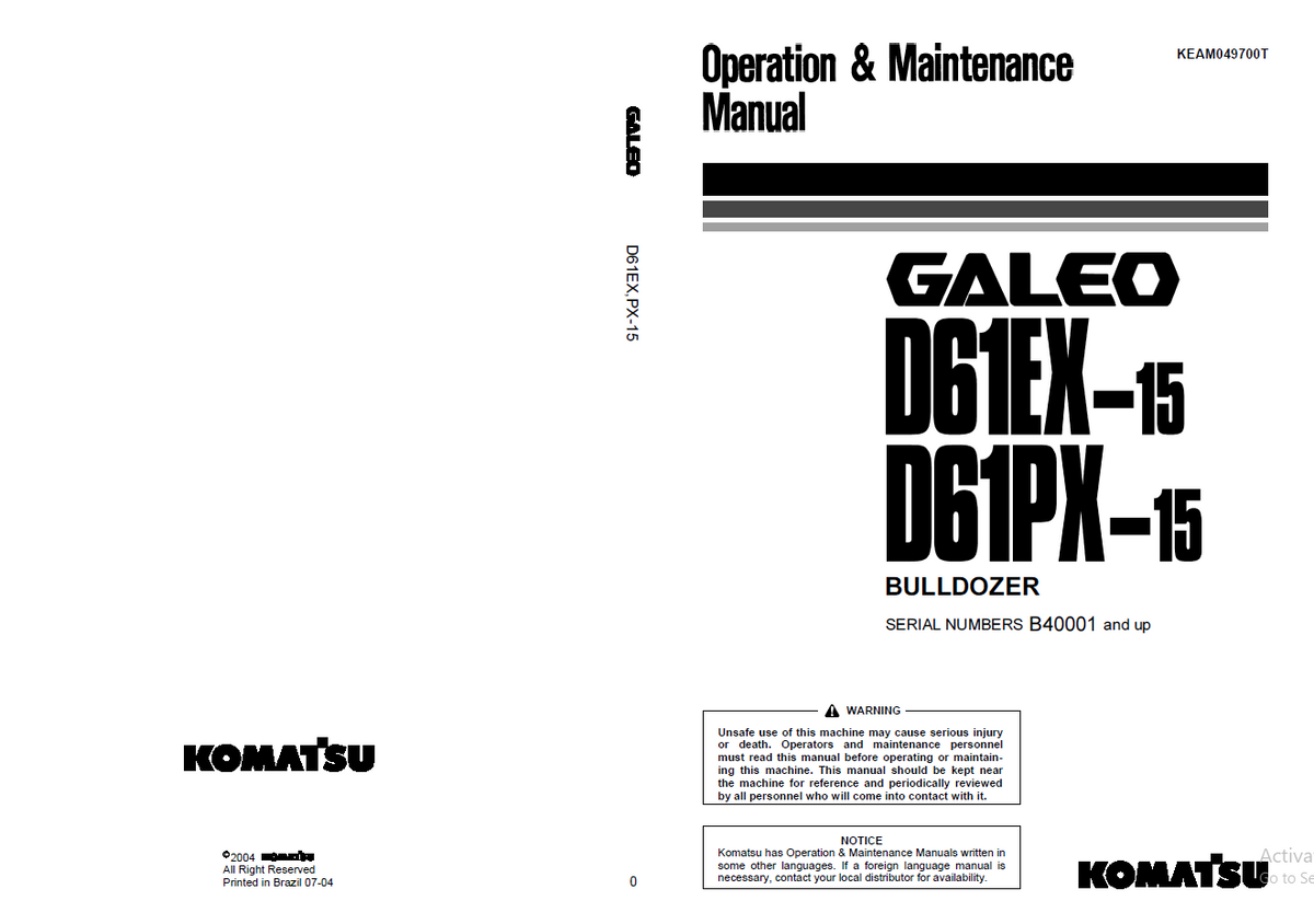 Komatsu D61EX-15, D61PX-15 Bulldozer Operation and Maintenance Manual (KEAM049700T)