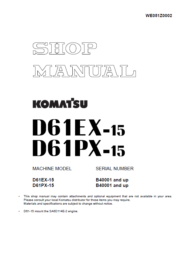Komatsu D61EX-15 & D61PX-15 Dozer Shop Manual (PDF Download)