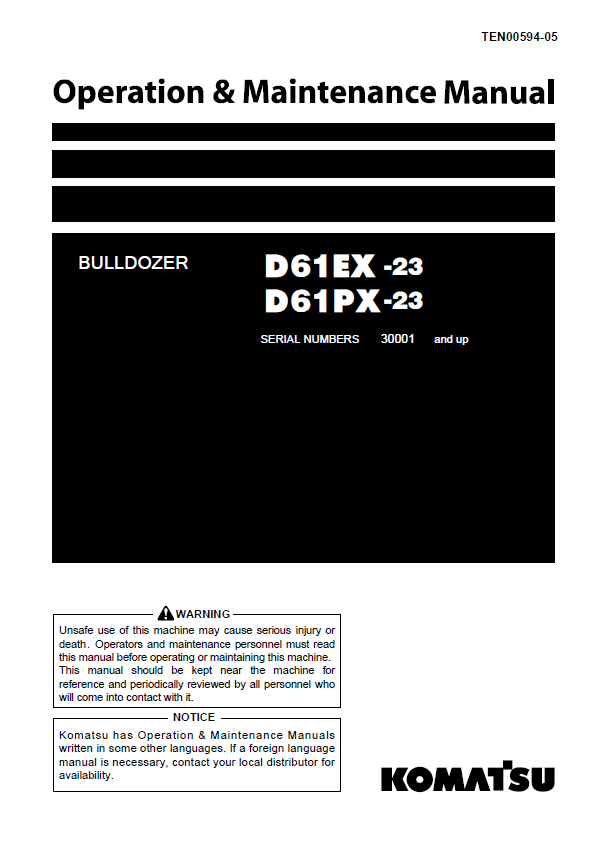 Komatsu D61EX-23 D61PX-23 Bulldozer Operation & Maintenance Manual PDF