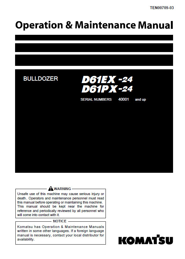 Komatsu D61EX-24 & D61PX-24 Dozer Operation & Maintenance Manual (PDF)