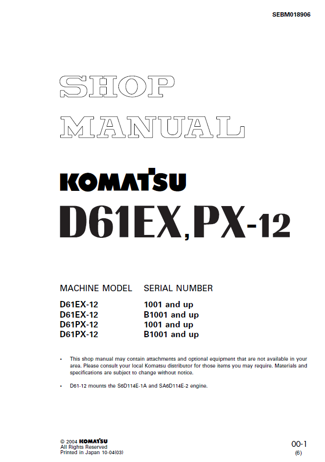 Komatsu D61EX D61PX-12 Engine Shop Manual SEBM018906 PDF