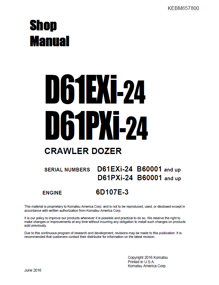 Komatsu D61EXi-24 D61PXi-24 Crawler Dozer Shop Manual | KEBM657800