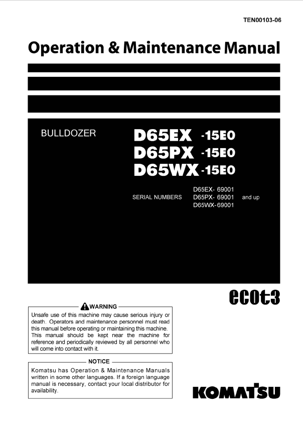 Komatsu D65EX-15E0, D65PX-15E0 & D65WX-15E0 Operation Manual PDF