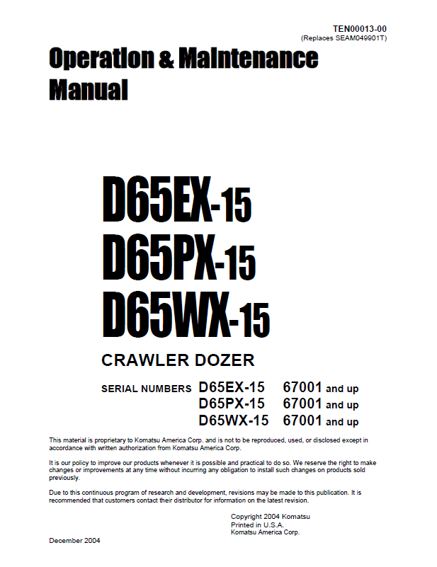Komatsu D65EX-15 D65PX-15 D65WX-15 Manual TEN00013-00 PDF