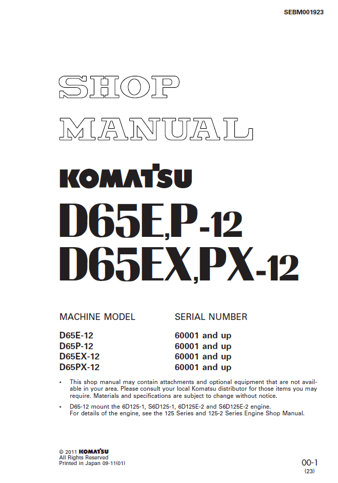 Komatsu D65E/P-12 D65EX/PX-12 Dozer Shop Manual SEBM001923