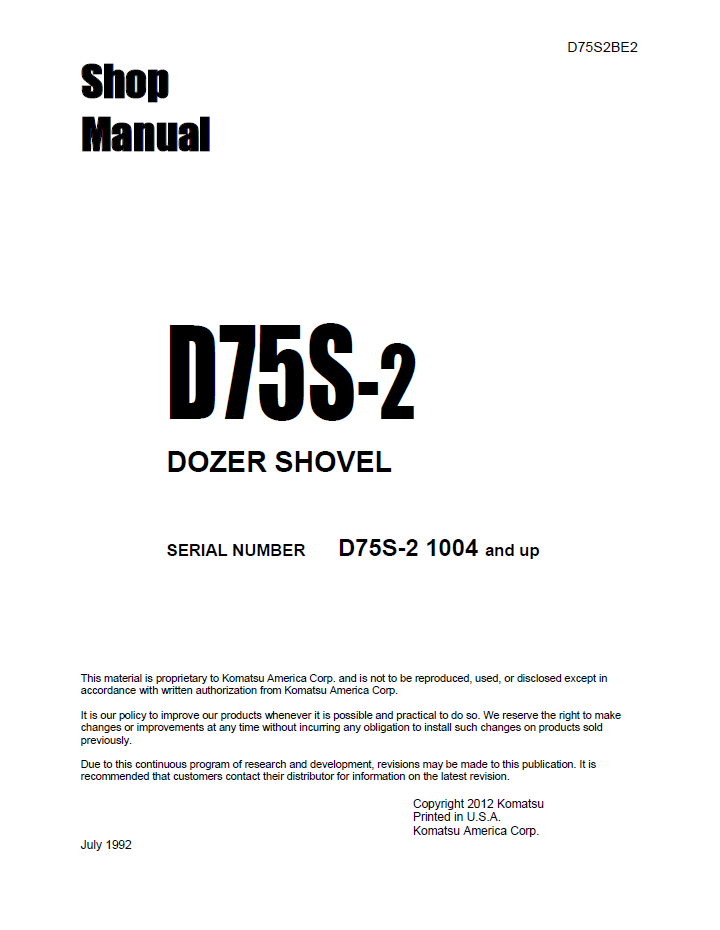 Komatsu D75S-2 Dozer Shovel Official Shop Manual - D75S2BE2 PDF