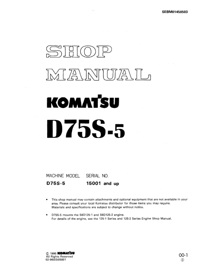 Komatsu D75S-5 Crawler Loader Shop Service Manual (SEBD01450503) - PDF Download
