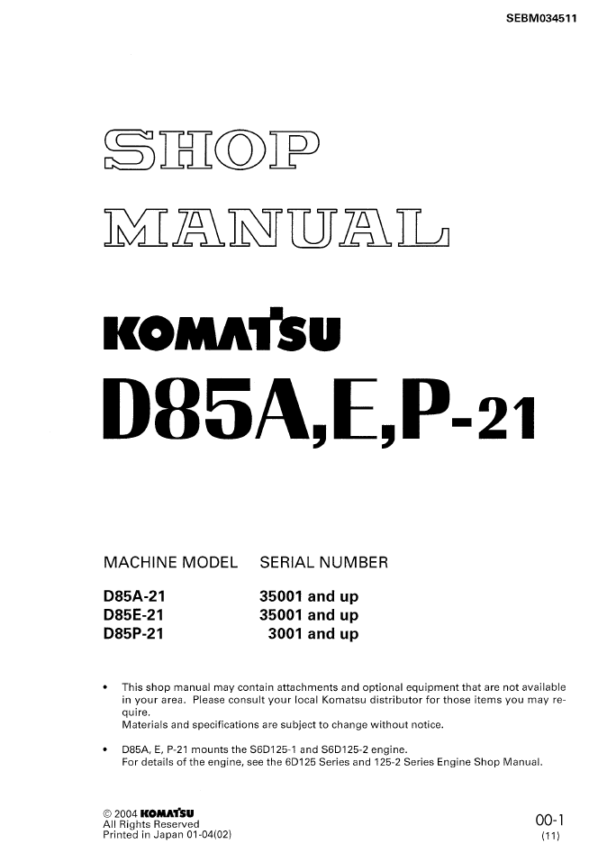 Komatsu D85A,E,P-21 Engine Manual SEBM034511 PDF