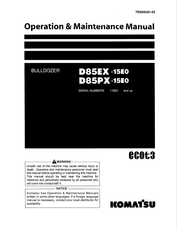 Komatsu D85EX-15E0 & D85PX-15E0 Bulldozer Operation & Maintenance Manual PDF