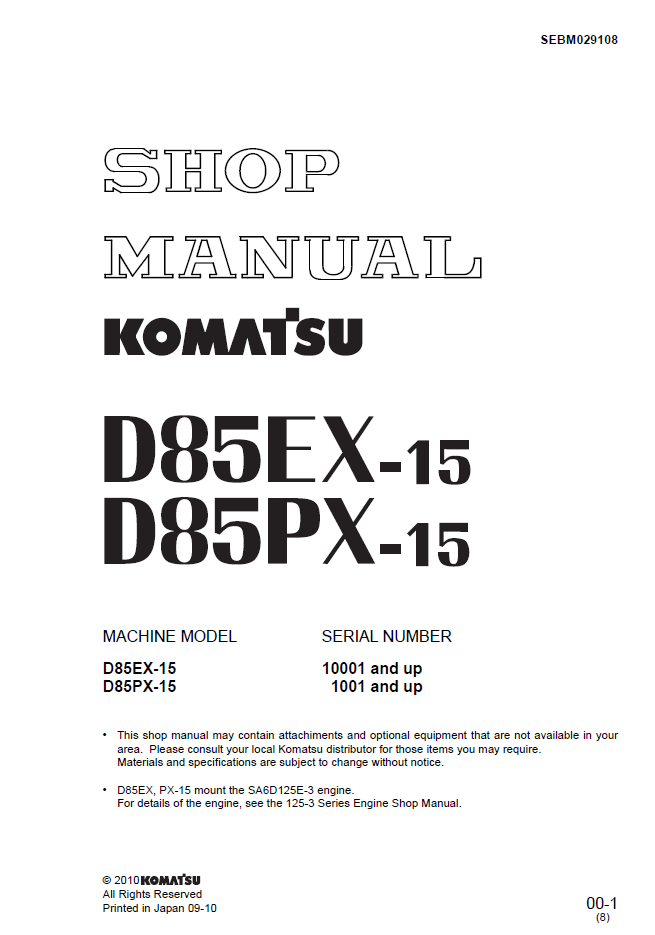 Komatsu D85EX-15 D85PX-15 Engine Manual SEBM029108 PDF