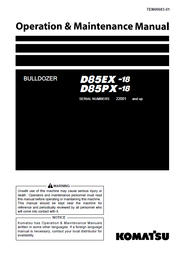 Komatsu D85EX-18 & D85PX-18 Bulldozer Operation & Maintenance Manual 