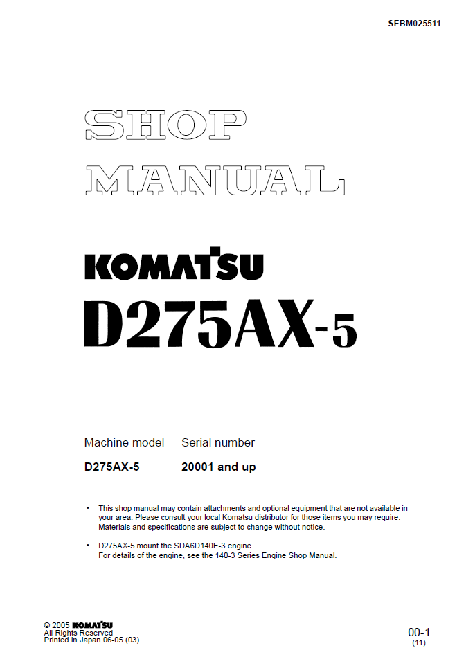 Komatsu DS275AX-5 Engine Shop Manual SEBM025511 PDF Download