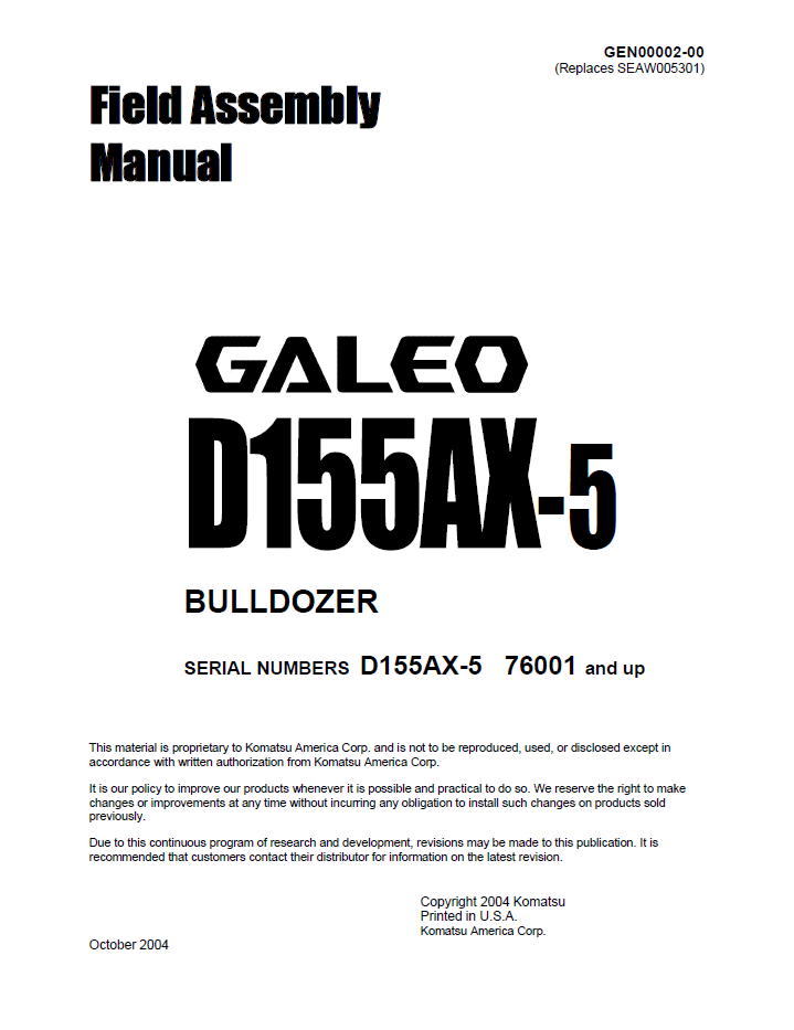 Komatsu GALEO D155AX-5 Bulldozer Field Assembly Manual GEN00002-00 PDF