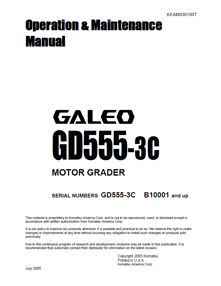 Komatsu GALEO GD555-3C Motor Grader Operation & Maintenance Manual KEAD038100