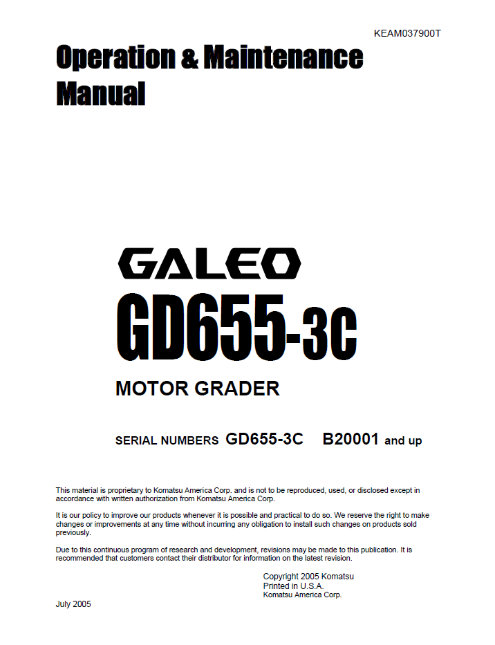 Komatsu GALEO GD655-3C Motor Grader Operation & Maintenance Manual KEAD037900