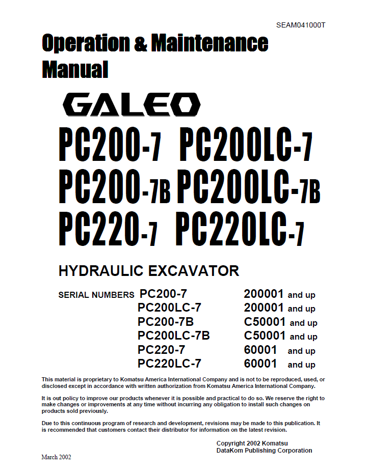 Komatsu GALEO PC200-7, PC200LC-7, PC220-7, PC220LC-7 Operation Manual SEAD041000 PDF