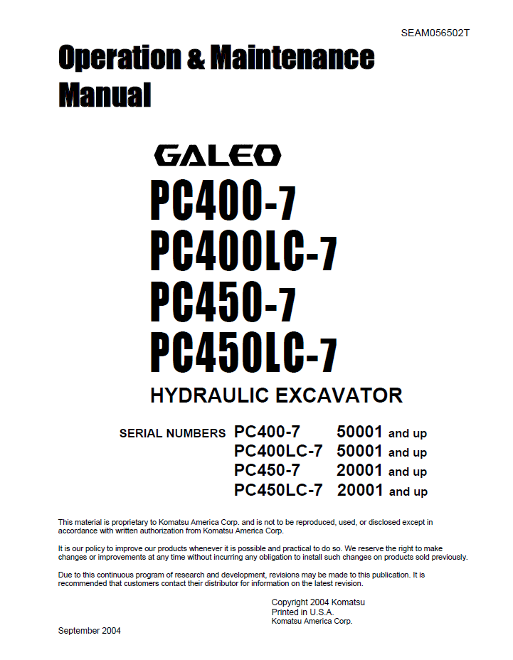 Komatsu GALEO PC400-7, PC400LC-7, PC450-7, PC450LC-7 Operation Manual SEAD056502 PDF