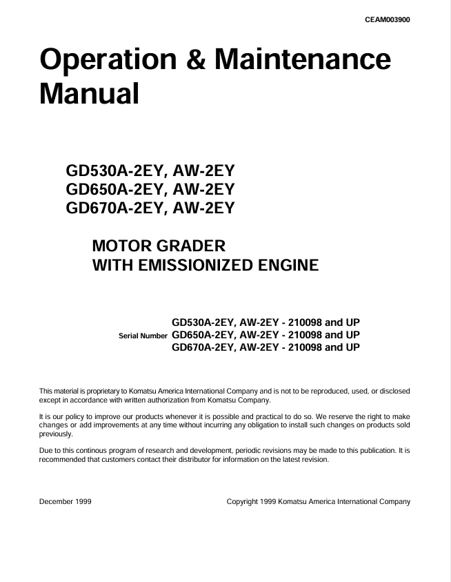 Komatsu GD530A-2EY GD650A-2EY GD670A-2EY O&M Manual PDF