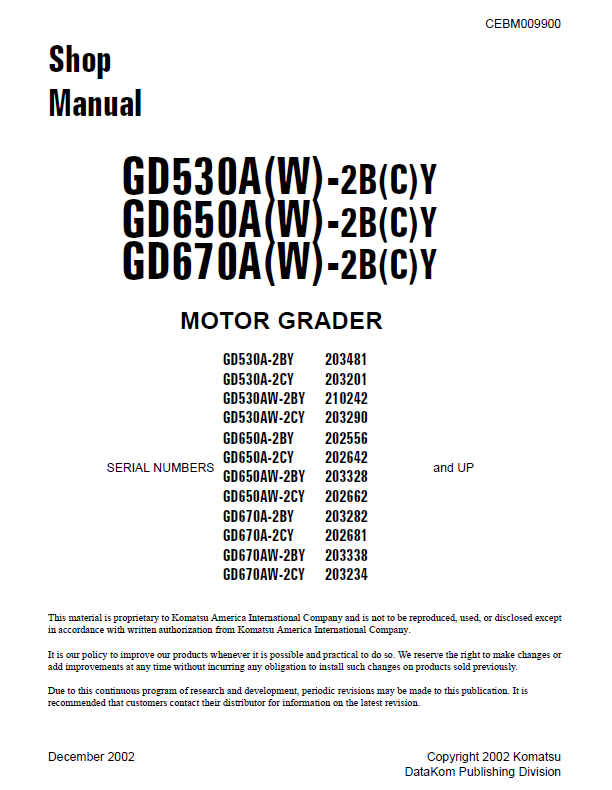 Komatsu GD530A GD650A GD670A Shop Manual CEBD009900 PDF