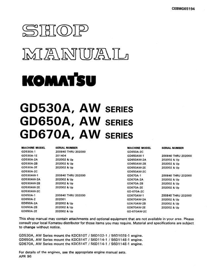 Komatsu GD530A GD650A GD670A Shop Manual CEBD207077 PDF
