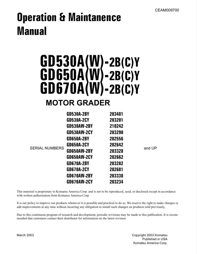 Komatsu GD530A(W)-2B(C)Y, GD650A(W)-2B(C)Y & GD670A(W)-2B(C)Y Motor Grader Operation & Maintenance Manual PDF – CEAM009700