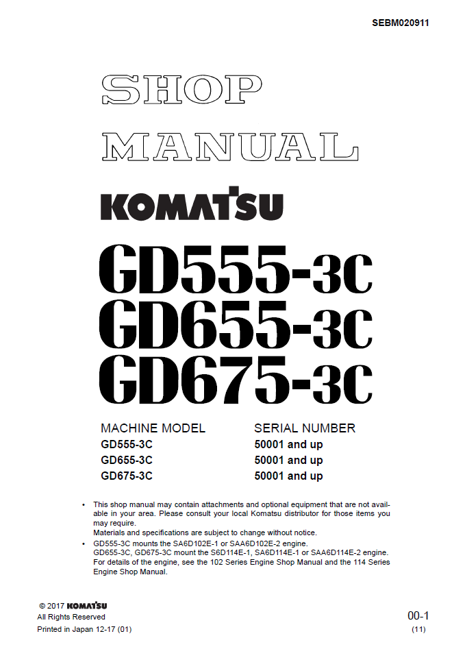 Komatsu GD555-3C GD655-3C GD675-3C Engine Shop Manual SEBM020911 PDF