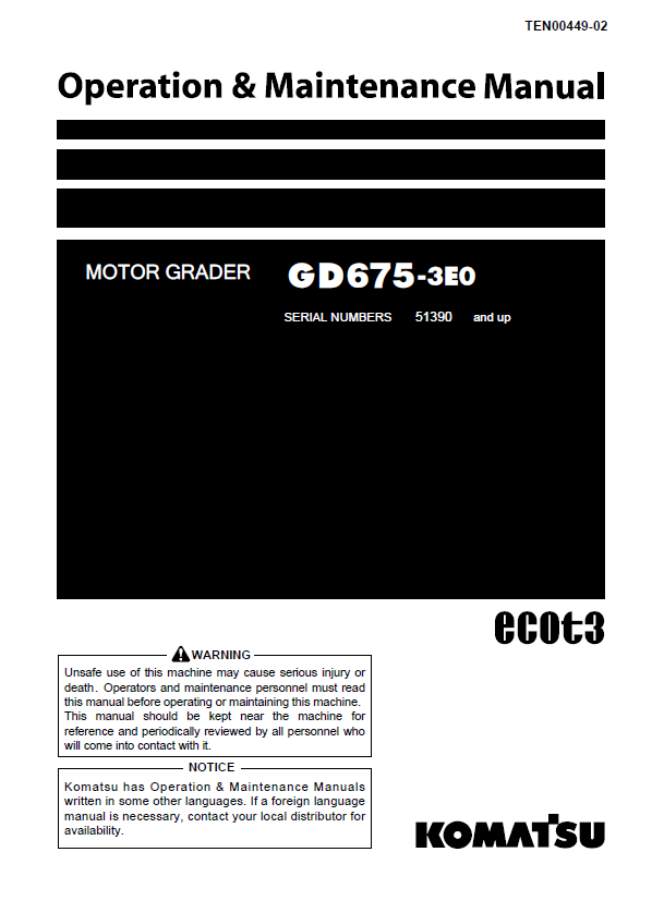 Komatsu GD675-3E0 Motor Grader Operation & Maintenance Manual PDF