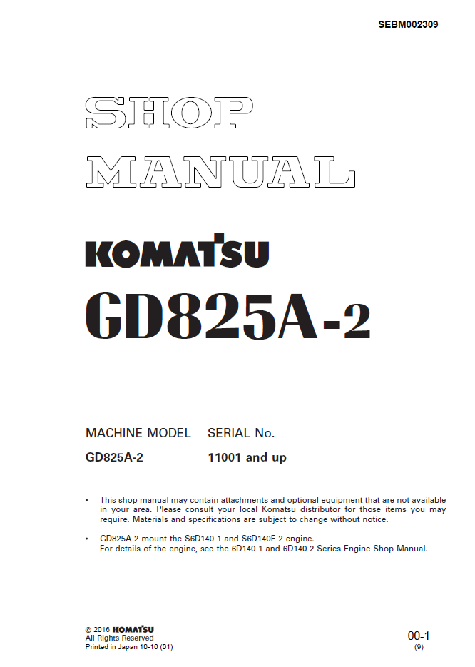 Komatsu GD825A-2 Motor Grader Shop Manual SEBM002309