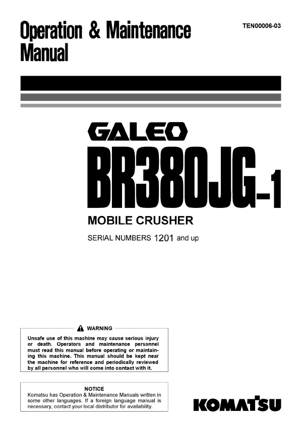 Komatsu Galeo BR380JG-1 Crusher Operation Manual TEN00006-03 PDF