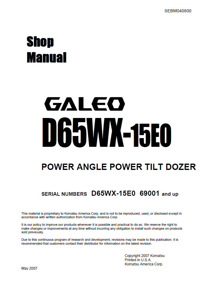 Komatsu Galeo D65WX-15EO Dozer Manual SEBM040800 PDF