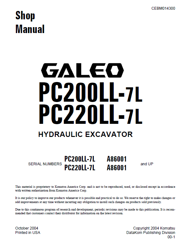 Komatsu Galeo PC200LL-7L PC220LL-7L Manual CEBD014300 PDF