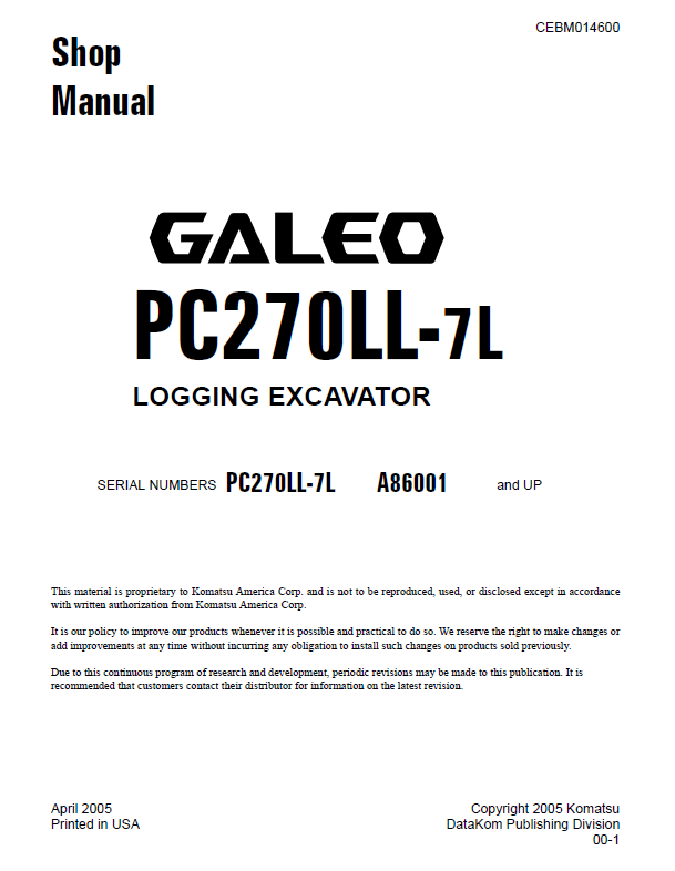 Komatsu Galeo PC270LL-7L Shop Manual CEBD014600 PDF