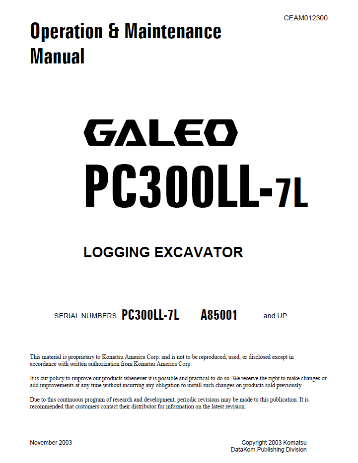 Komatsu Galeo PC300LL-7L Logging Excavator Operation & Maintenance Manual CEAD012300