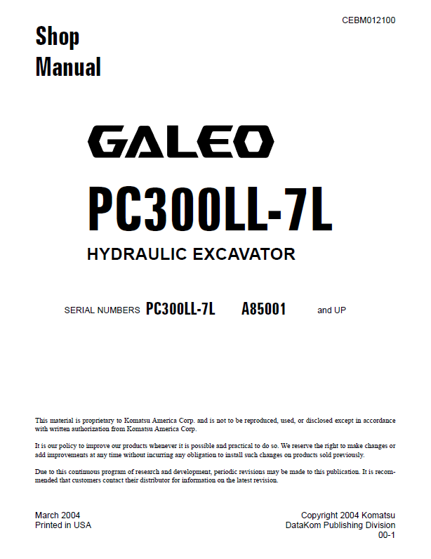 Komatsu Galeo PC300LL-7L Shop Manual CEBD012100 PDF
